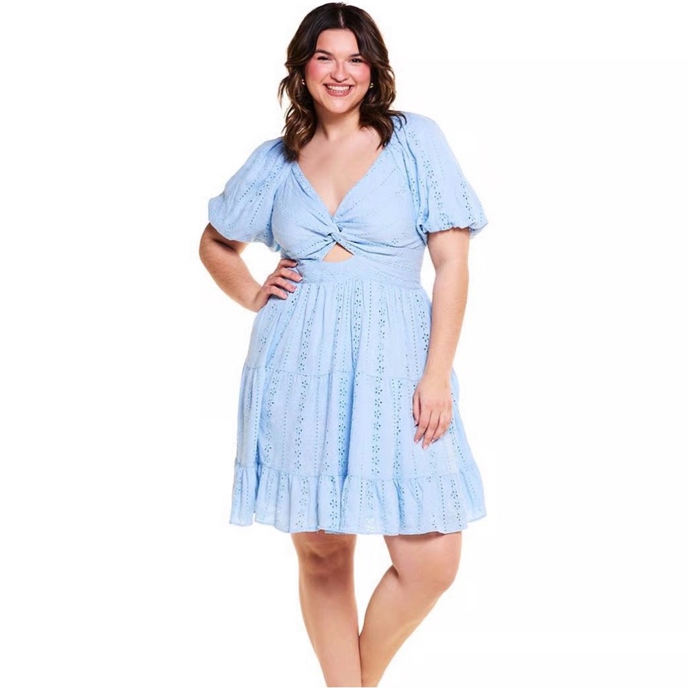 Angie Twist Front
Eyelet Puff Sleeve A-Line Dress